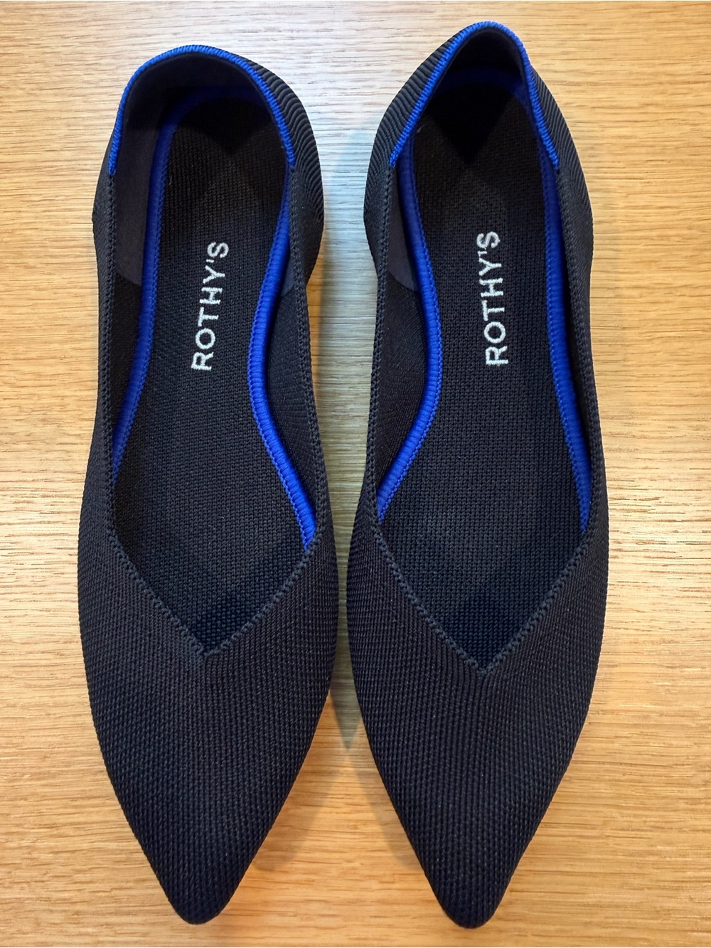 Rothy's Black The point Knit Flats with Blue Trim